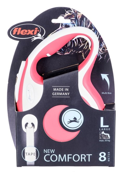 Smycz flexi automatyczna New Comfort L taśma 8 m - dla psa do 50 kg, kolor czerwony Smycz flexi automatyczna New Comfort L taśma 8 m - dla psa do 50 kg, kolor czerwony